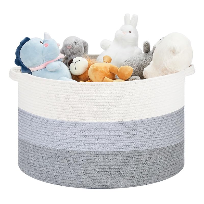 Image of Ravinte Large Storage Basket - 22"x 22"x 14" Blanket Basket for Living Room, Baby Toy Storage Basket, Cotton Rope Basket Woven Laundry Basket (White-Blue-Gray)