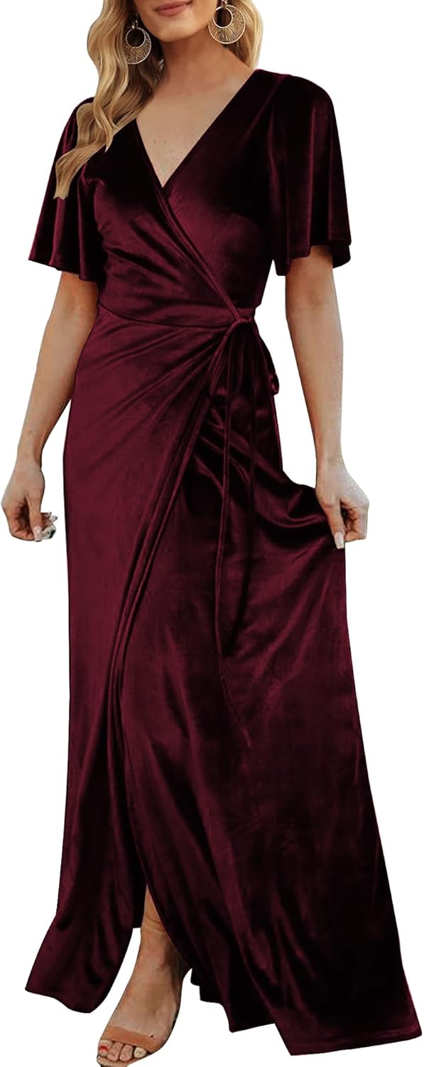 CYiNu Women's Wrap Velvet Maxi Dress V Neck Bell Sleeve Split Elegant Cocktail Party Dress