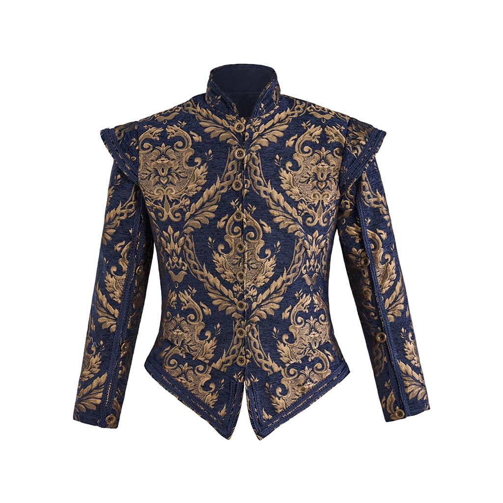 Mens Tudor jacket Coat Tudor Elizabethan Period Noble King Colonial Pirate Costume Doublet with Removable Sleeves, Blue Gold, XL — image 1