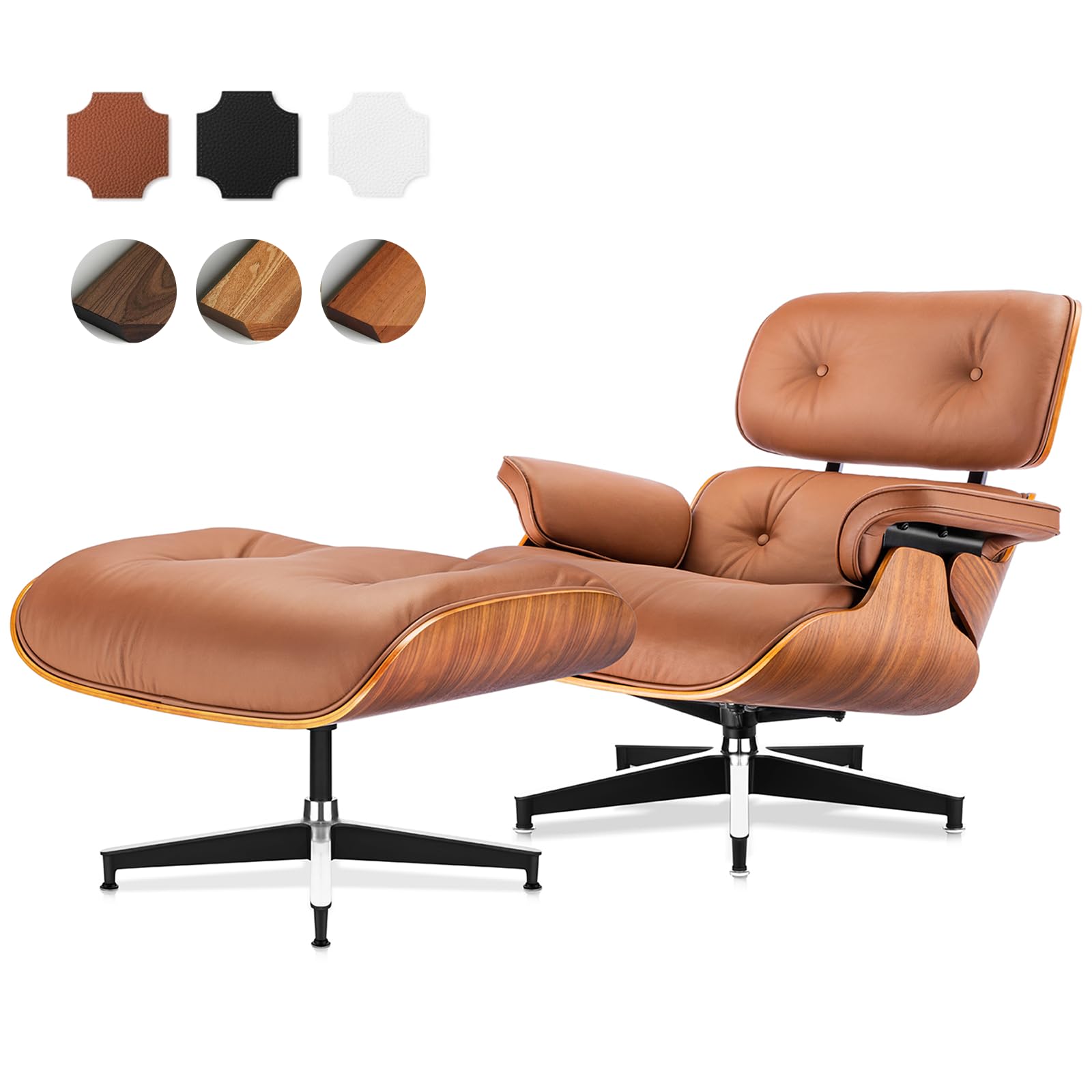 Top Grain Leather, Mid Century Chaise Lounge Chair and Ottoman, Modern Chair Classic Design, Heavy Duty Base Support for Living Room Study Lounge Office, Walnut-Brown, Heightening