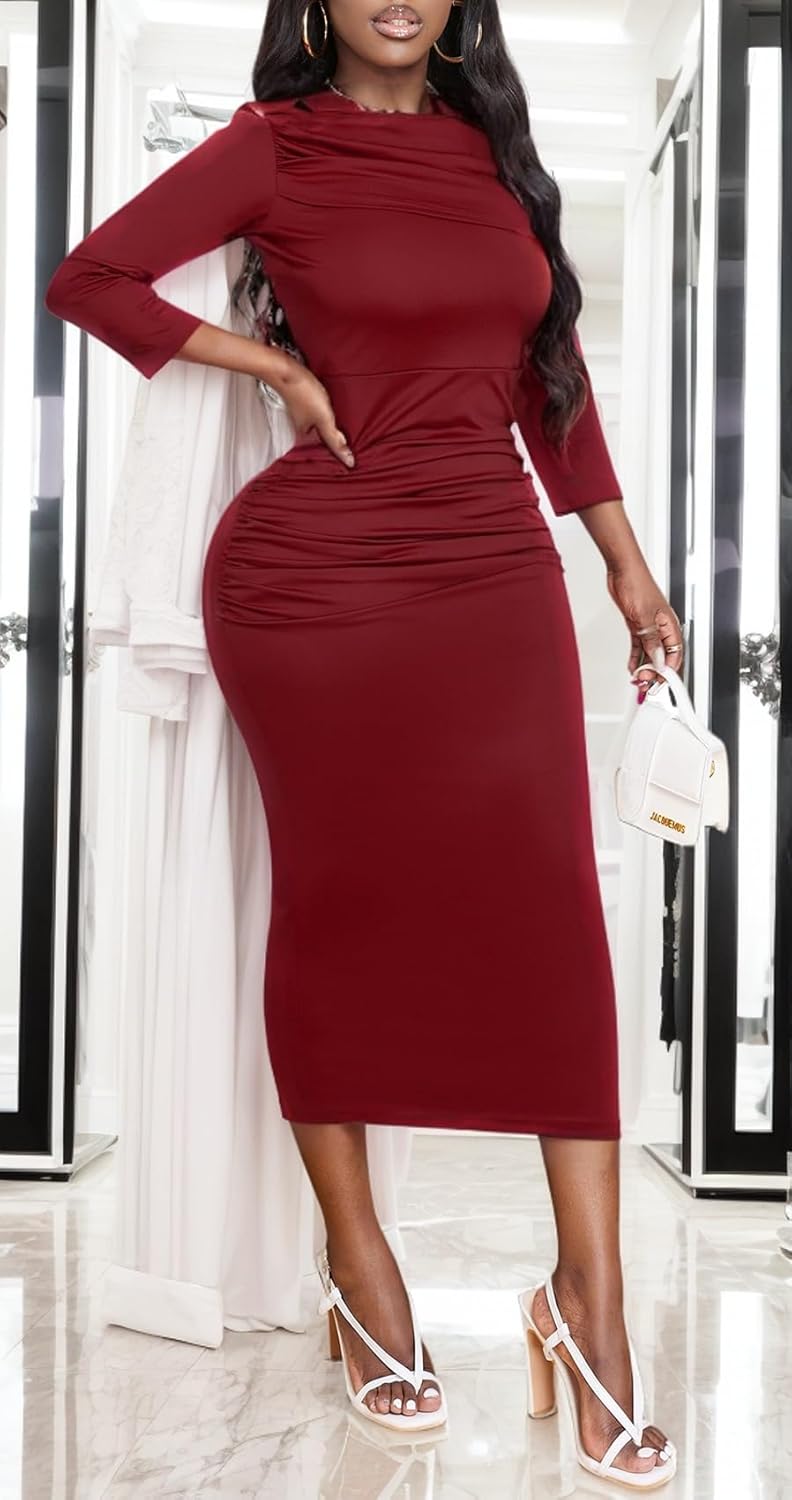 Women's Sexy 3/4 Sleeve Midi Dress Ruched Bodycon Solid Evening Party Vintage Church Dresses - Image 3