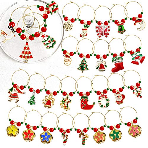 MOVINPE 30 Piece Wine Glass Charms - Christmas Themed Drink Markers for Stem Champagne & Goblet Glasses