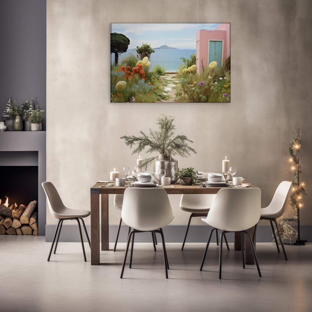 Canvas for Living room. A Pathway to Serenity: Stroll Through the Vivid Hues of a Floral Haven to a Seaside Escape, 27 x 18 inch Canvas Wall Art - Contemporary Masterpieces - Botanical Home Decor