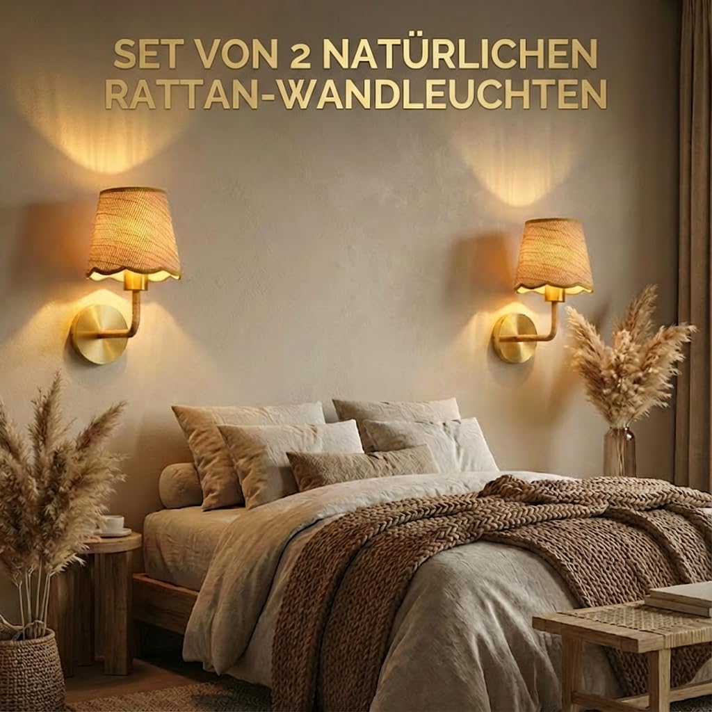Wandlampe LED Wandleuchte Innen, 2 Stück Retro Wandbeleuchtung 3 Farbtemperaturen Gold Wandlampen Mit Rattan Lampenschirm, Wandleuchten für Badezimmer Schlafzimmer Wohnzimmer Beleuchtung Flur