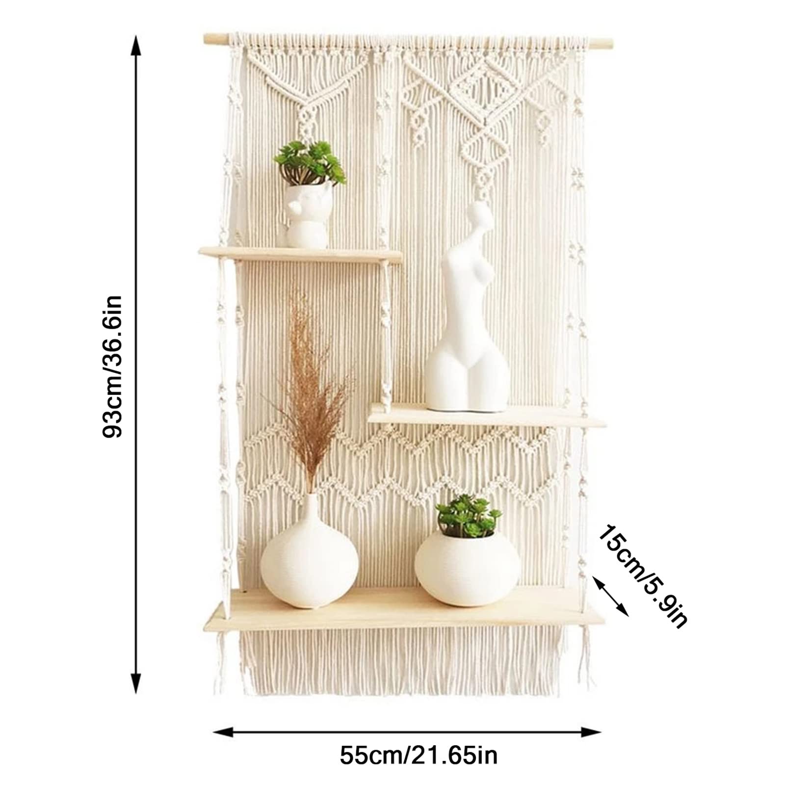 SUMGAR Makramee Wandregal Aus Holz – Boho Deko, 40x15 Cm, Mit Baumwollseil