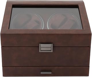 Watch Winder 4+6 Slots, Brown Leather, Automatic Watch Storage Box, Bedroom | Brown PU leather, MDF interior, 4 winding plus 6 storage slots, fits various watches, dual motor, 30.5x23.5x22cm
