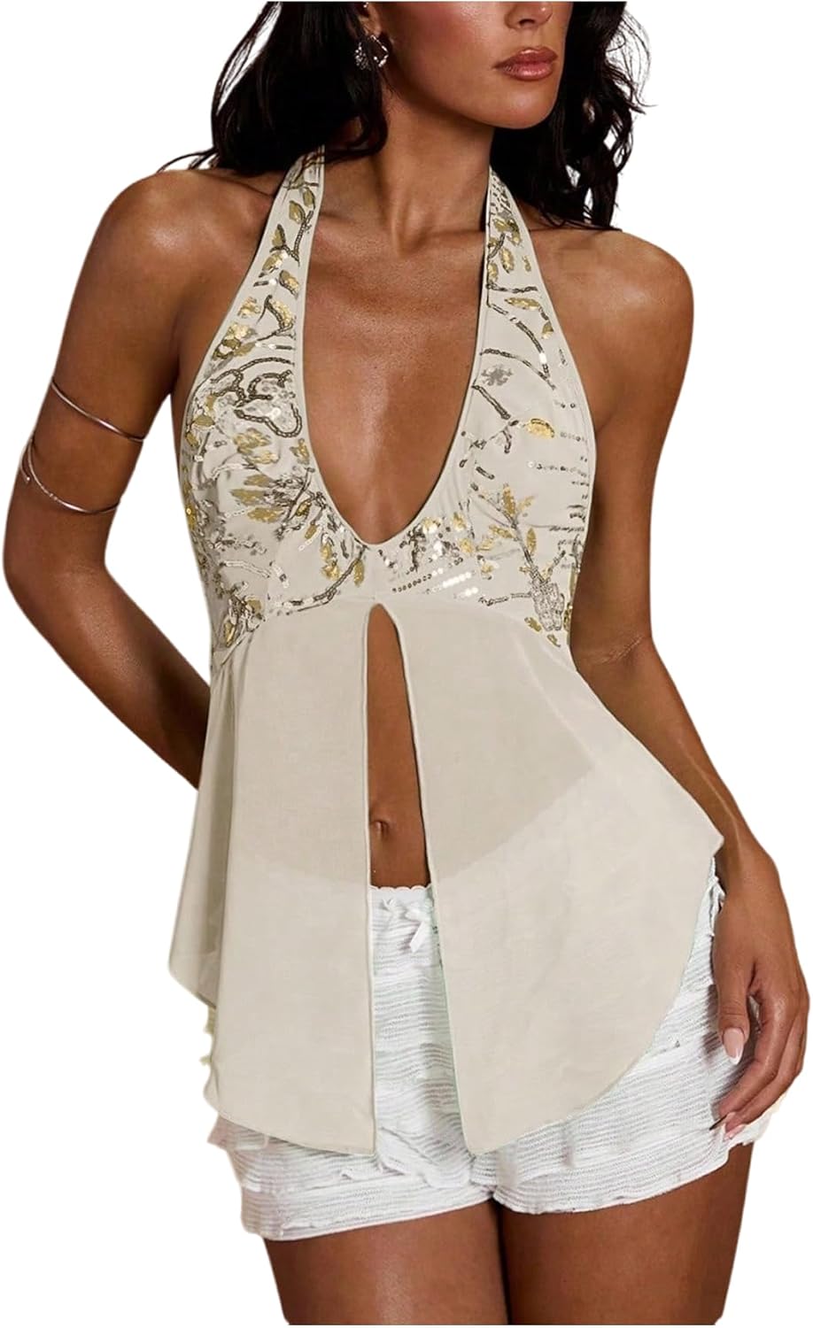 Verdusa Women's Sequin Beaded Boho Halter Tops Rave Club Tie Backless Babydoll Tops