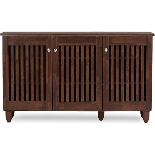 Baxton Studio Wholesale Interiors Fernanda Modern and Contemporary 3-Door Oak Brown Wooden Entryway Shoes Storage Wide Cabinet