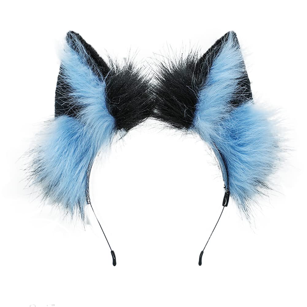 ILUFAM Furry Fox Wolf Cat Ears Headband Animal Cosplay Hair Hoop Party Costume Headwear Fancy Dress Hair Accessories (Blue)