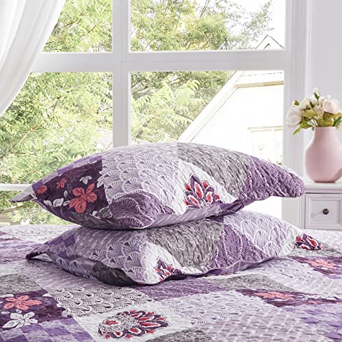 King Size Quilt Set 3 Pieces Lightweight Reversible Bedspread-98''x106'' Soft Patchwork Floral Coverlet Luxurious Warm Microfiber Bed Cover All Seasons Purple Bedding Set(1 Quilt,2 Pillow Shams)