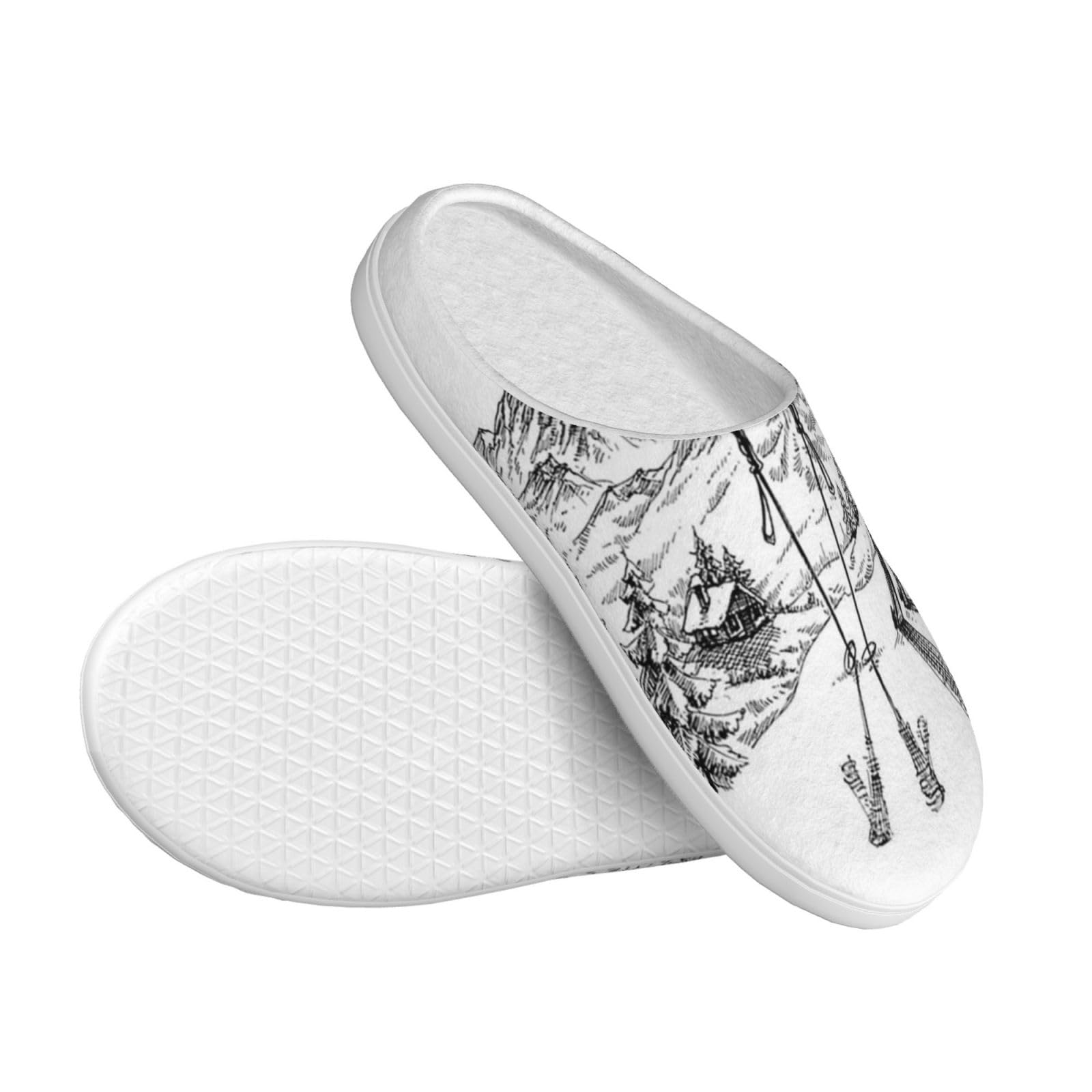 Pantoufles en coton Tpr imprimées sur le thème du ski, adaptées pour un usage quotidien à la maison et en voyage en plein air, Noir , Large