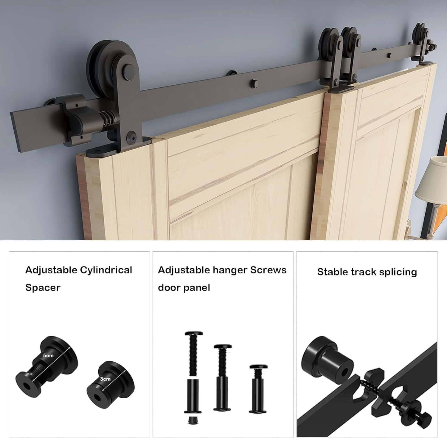 5FT/152CM Binario per Porta Scorrevole Kit per Coincide Doppia Porta Barn Bypass Sistema Nero Forma T