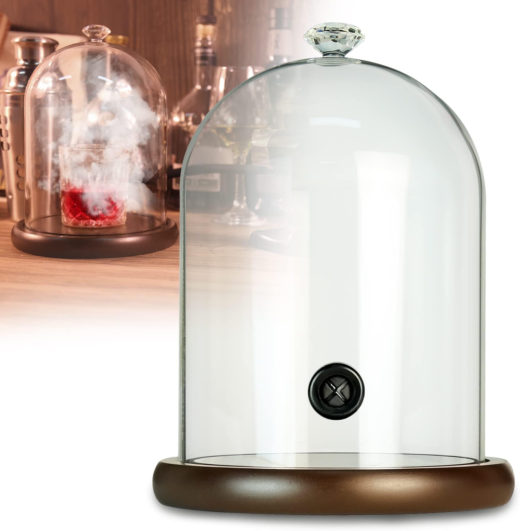 TMKEFFC Glass Display Dome Cloche for Smoking Drinks with Wooden Base, Cocktails Food Smoke Infuser Accessory, Glass Bell Hood, 23.5 cm x 17.5 cm