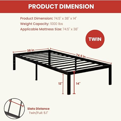 Miniatura 2 de CastleBeds - Marco de cama minimalista de hierro negro tamaño individual con cabecero y barra forjada, base de plataforma de metal de acero