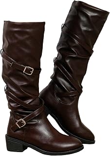 Generic Women's Slouchy Knee High Boots Solid Color Faux Leather Buckle Wedge Boots
