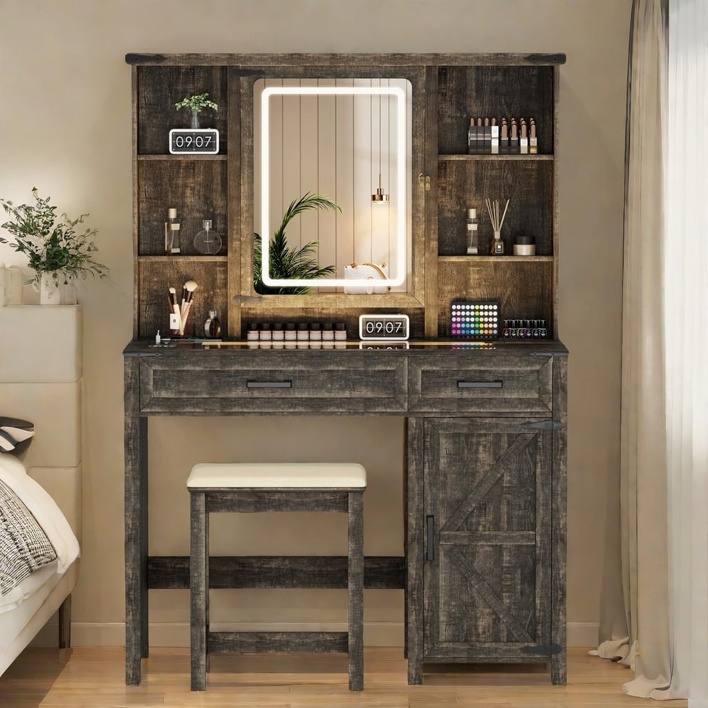 GlasFlength Farmhouse Makeup Vanity with Lighted Mirror