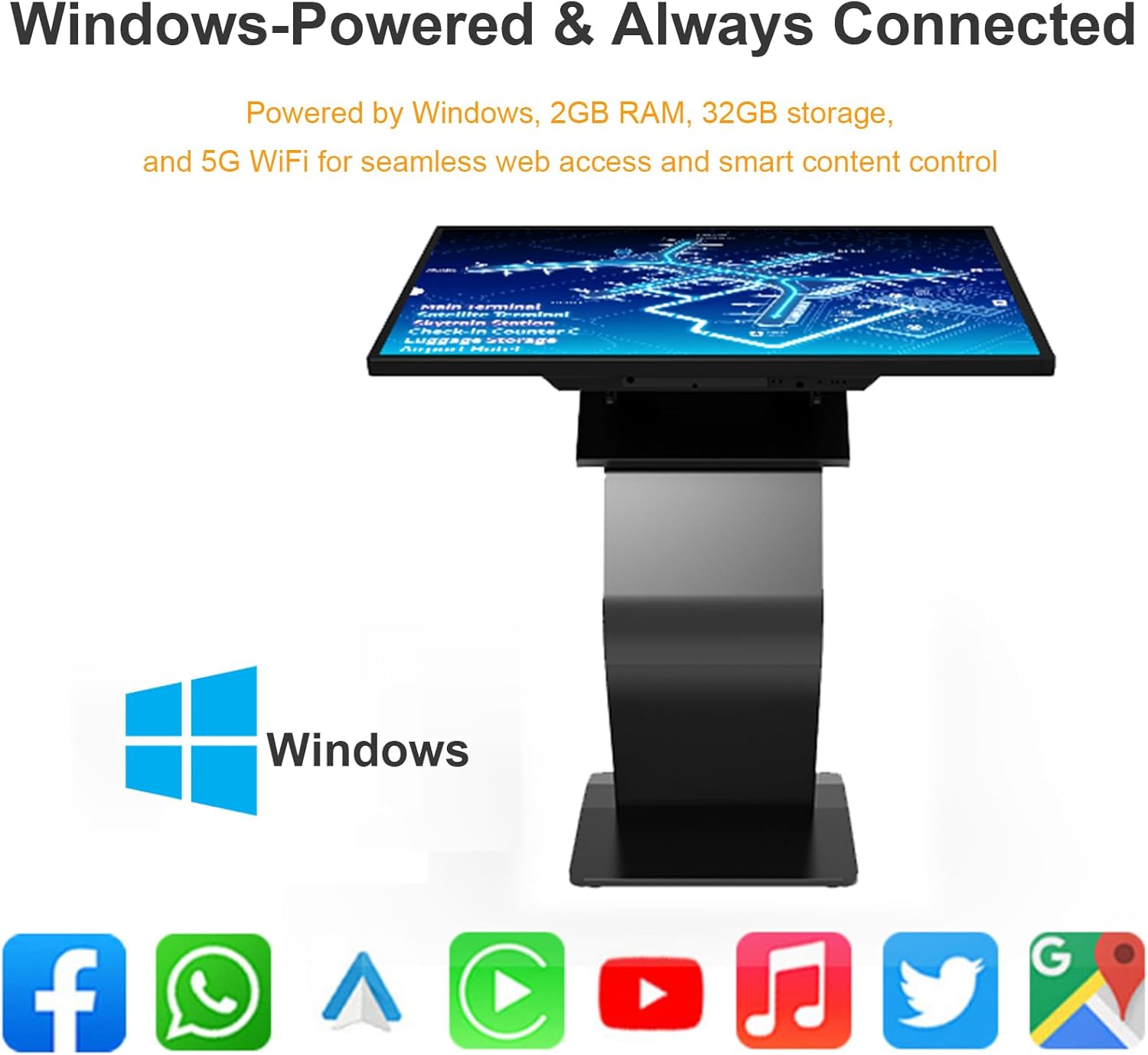 32 Inch Touch Screen Kiosk, 10pt PCAP Capactive Touch Screen Digital Signage, Windows OS K-Style Indoor Digital Signage, Interactive LCD Display Signage, U-Disk Publish Content, Split Screen