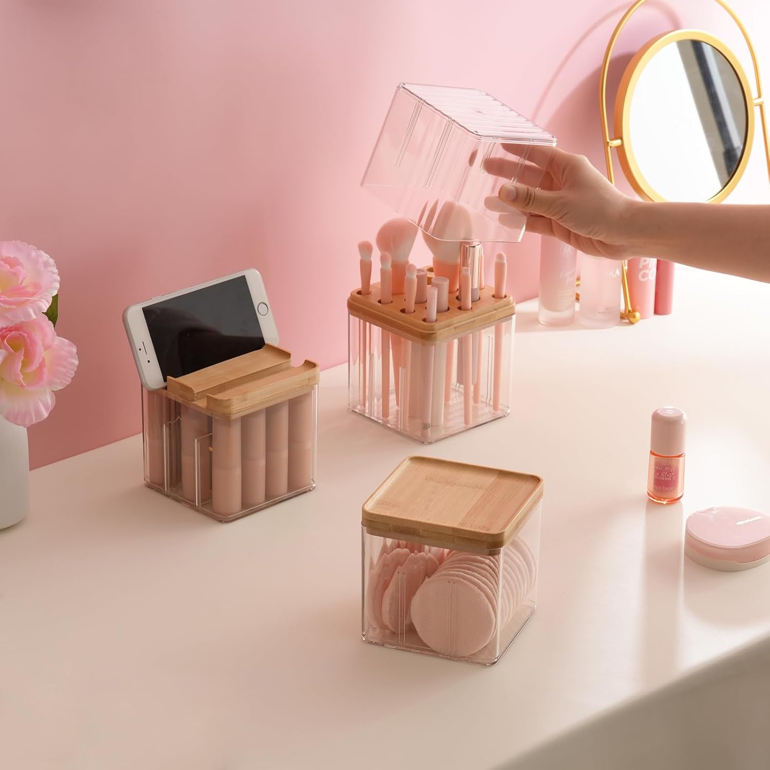 Makeup Brush Holder Comb with Cover Makeup Containers Organizers Set Makeup Holder Box Cosmetic Case With Lid Waterproof Dustproof Beauty Skincare Organizer Bathroom Vanity Countertop,Gift,Clear,3PCS