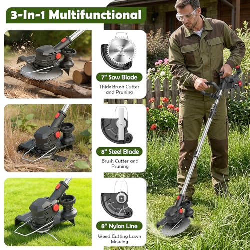 24V Cordless String Trimmer, 8-inch Battery Powered Weed Wacker with 2x4.0Ah Batteries, Foldable 3-in-1 Brush Cutter, 3 Types Blades Electric Lawn Edger with Side Wheel Assist for Yard & Garden