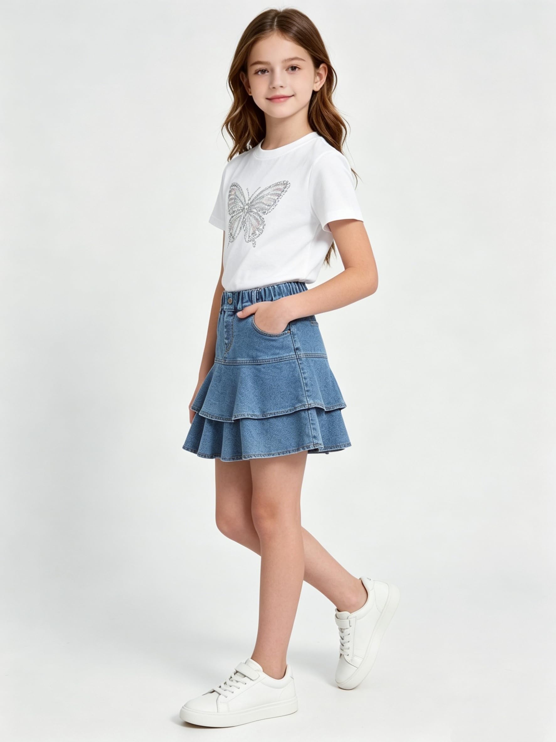 Rolanko Faldas Vaqueras para Niñas, Línea A Cintura Elástica Minifaldas Vaqueras con Shorts Incorporados