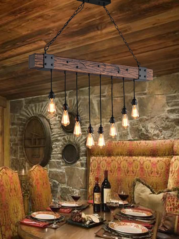 E27 Hängeleuchte Retro Pendelleuchte Esstisch Industrial Hängelampe Aus Holz 8-Flammige Hängeleuchte Retro Esszimmerlampe Holzbalken Vintage Pendellampe Für Wohnzimmer Küche Bar Restaurant