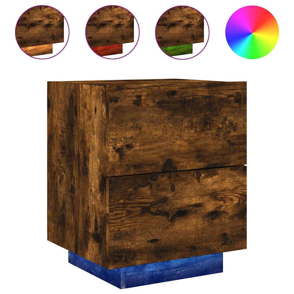 Szafki nocne 2 szt z szufladami i oświetleniem LED RGB, stoliki nocne z tworzywa drewnopochodnego w kolorze przydymionego dębu, nowoczesne meble regulowanym podświetleniem