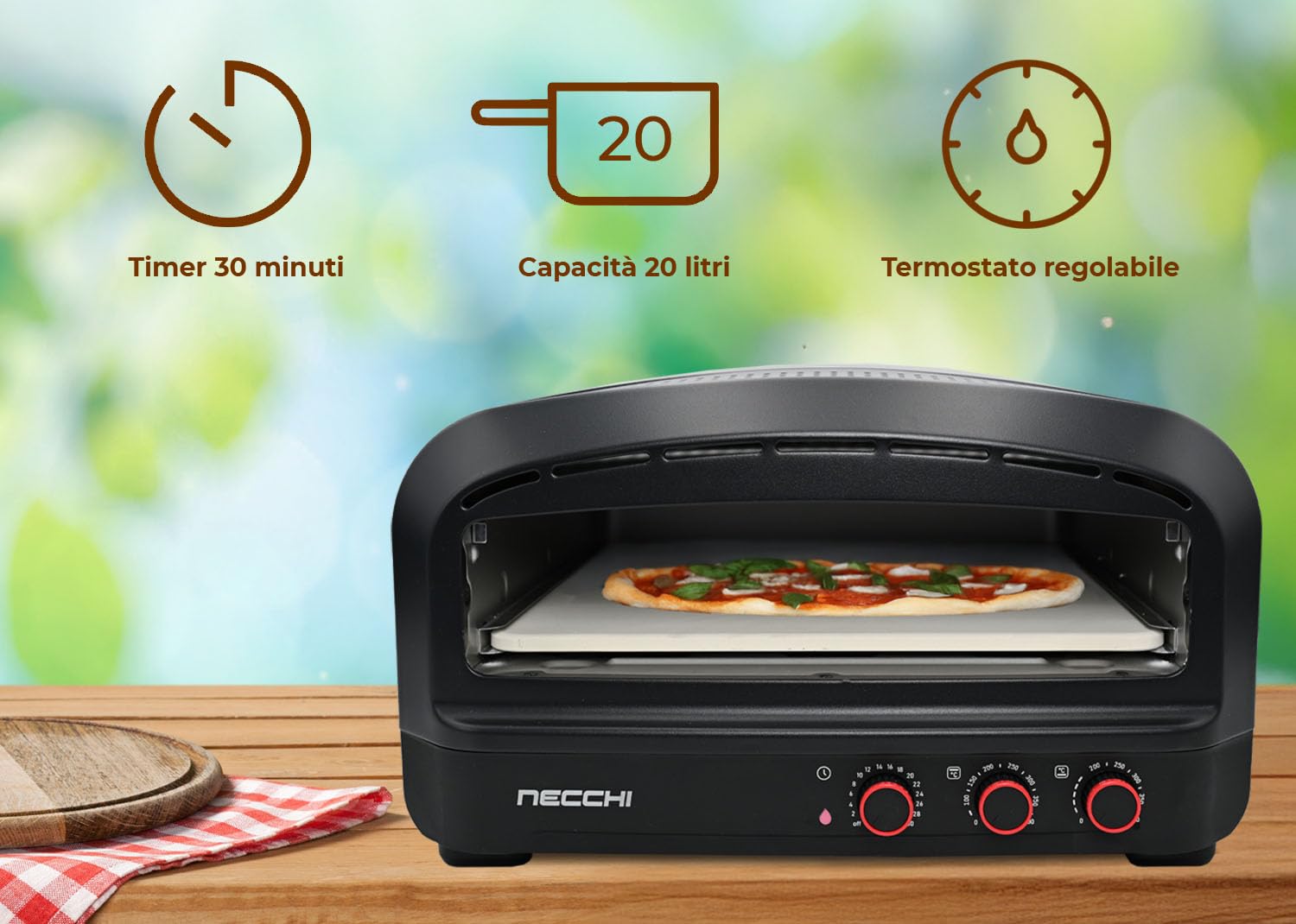 Necchi Forno Pizza 2200W, fino a 400°C per cottura professionale. Pietra refrattaria, timer 30 min, doppio riscaldamento. Capacità 20L, ideale per pizze fino a 27 cm.