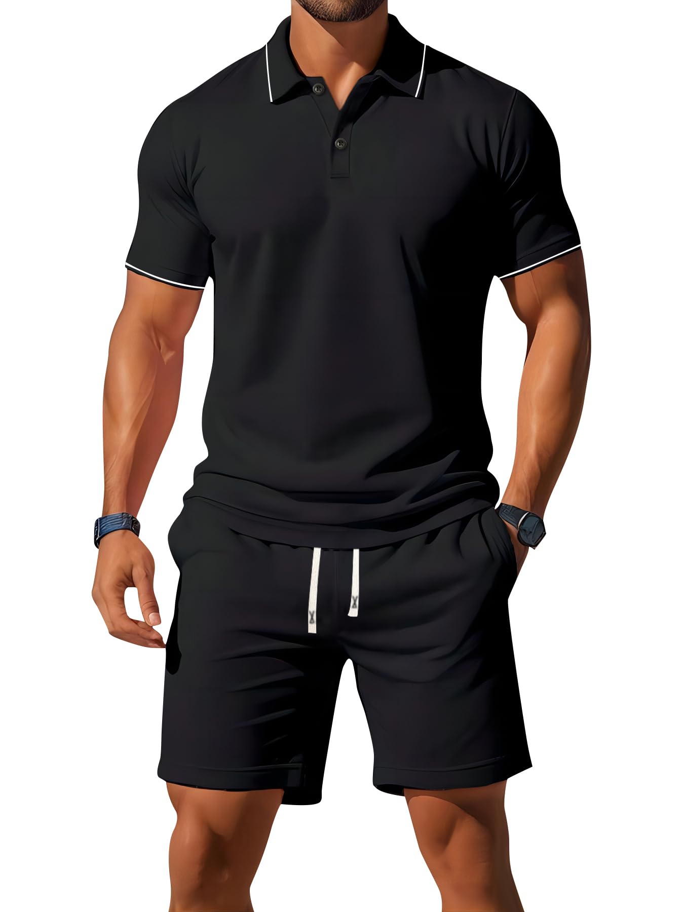Conjunto de 2 piezas de polo corto de verano para hombre, a la moda, casual, vacaciones, playa, deportes, atletismo, correr, negocios