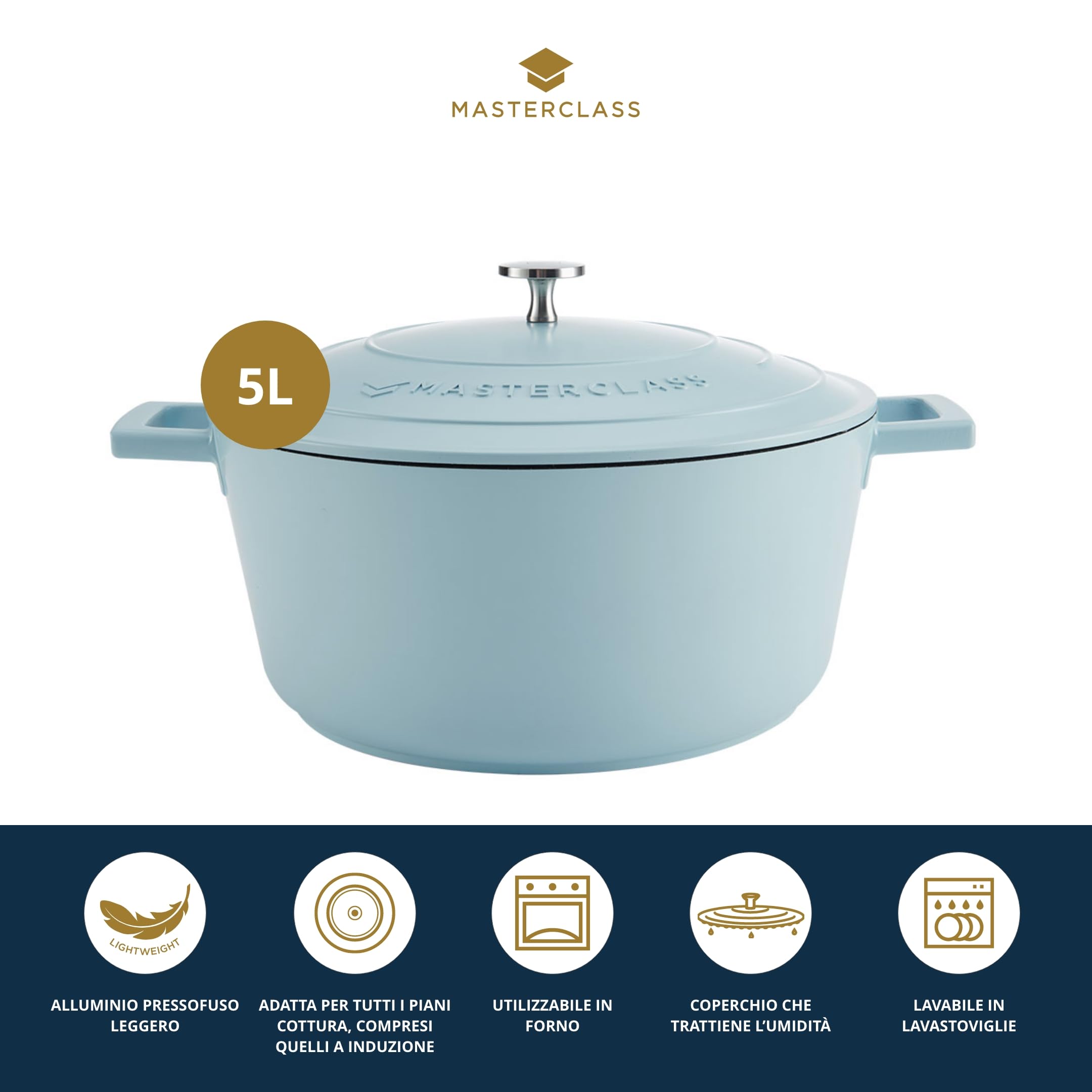 MasterClass Casseruola con coperchio, grande 5L/28 cm, leggera in alluminio fuso, sicura per forno e piano cottura a induzione, blu cielo