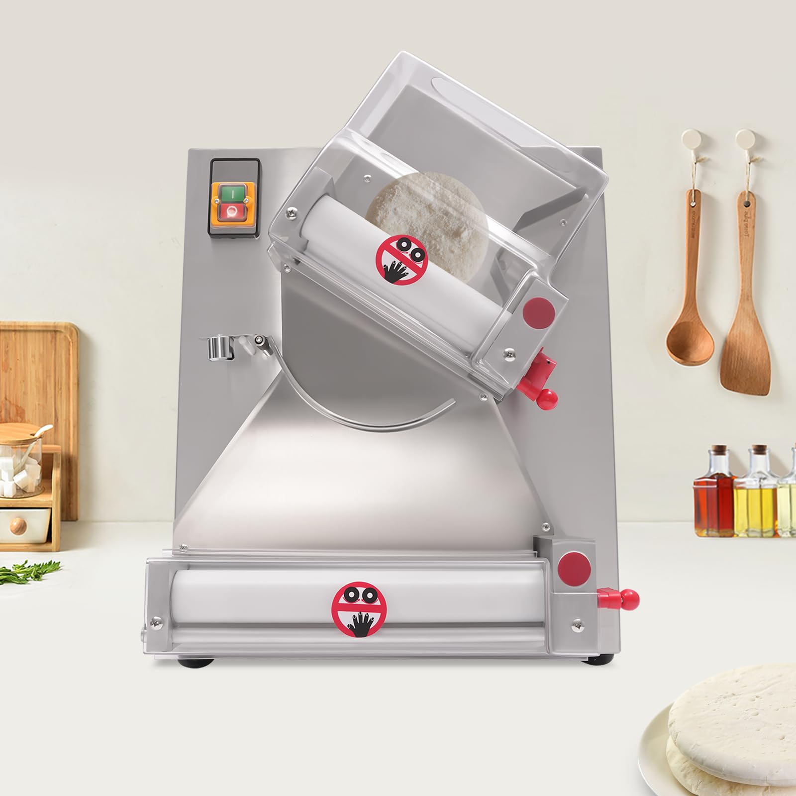 4-12in Pizza Dough Roller Sheeter, Dual Roller 370W Automatic Commercial Electric Pizza Pasta Press Making Rolling Machine, Adjustable Thickness 0.03-0.21in