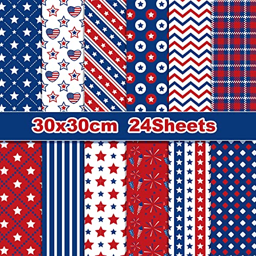 VIVIQUEN Patriotic American Flag Double-Sided Paper, 12 Inches, American National Day Textured Scrapbook Paper Craft Paper for DIY Background Card Making Scrapbook Photo Album Decorations, 24 Packs