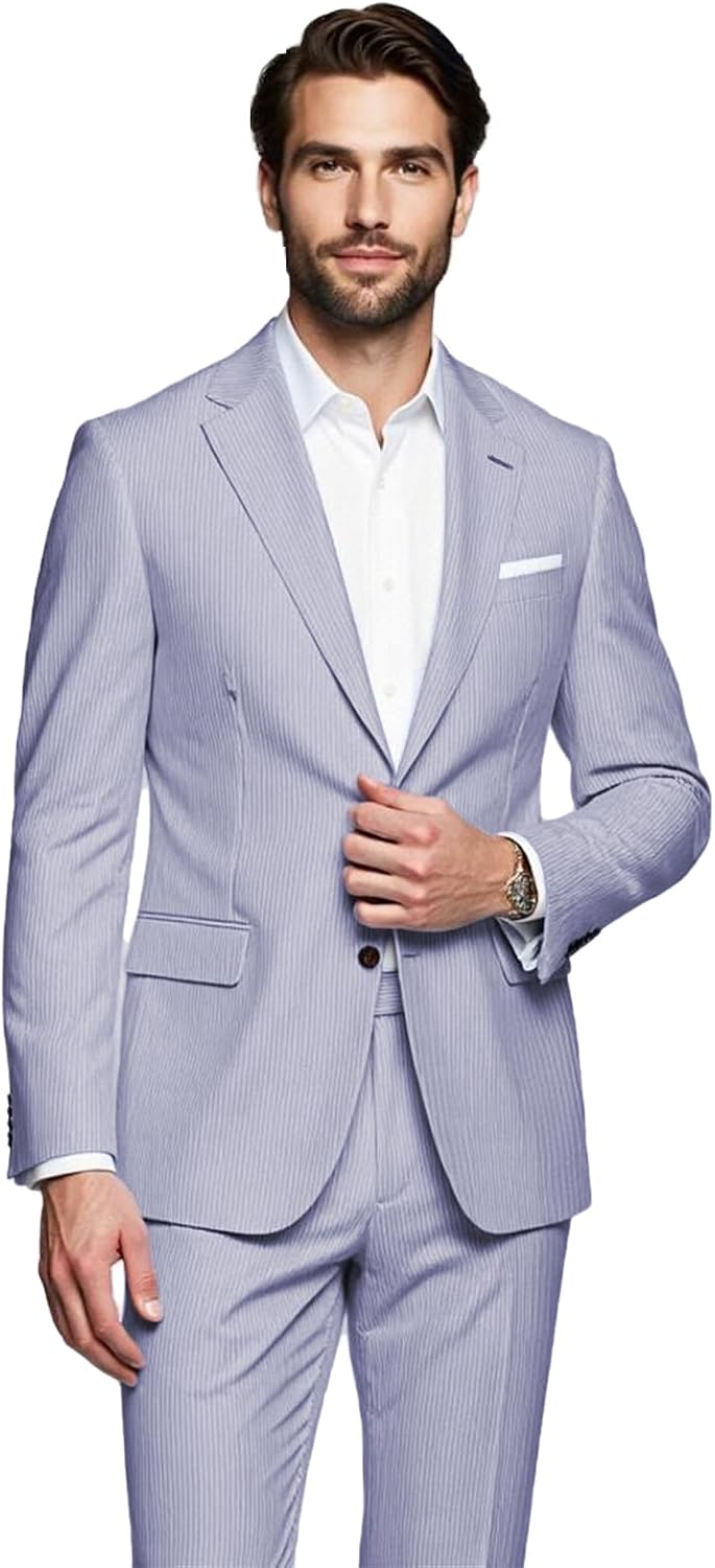 Summer Seersucker Suits for Men Tuxedos 2-Piece Big and Tall Suits Wedding Stylish Comfortable
