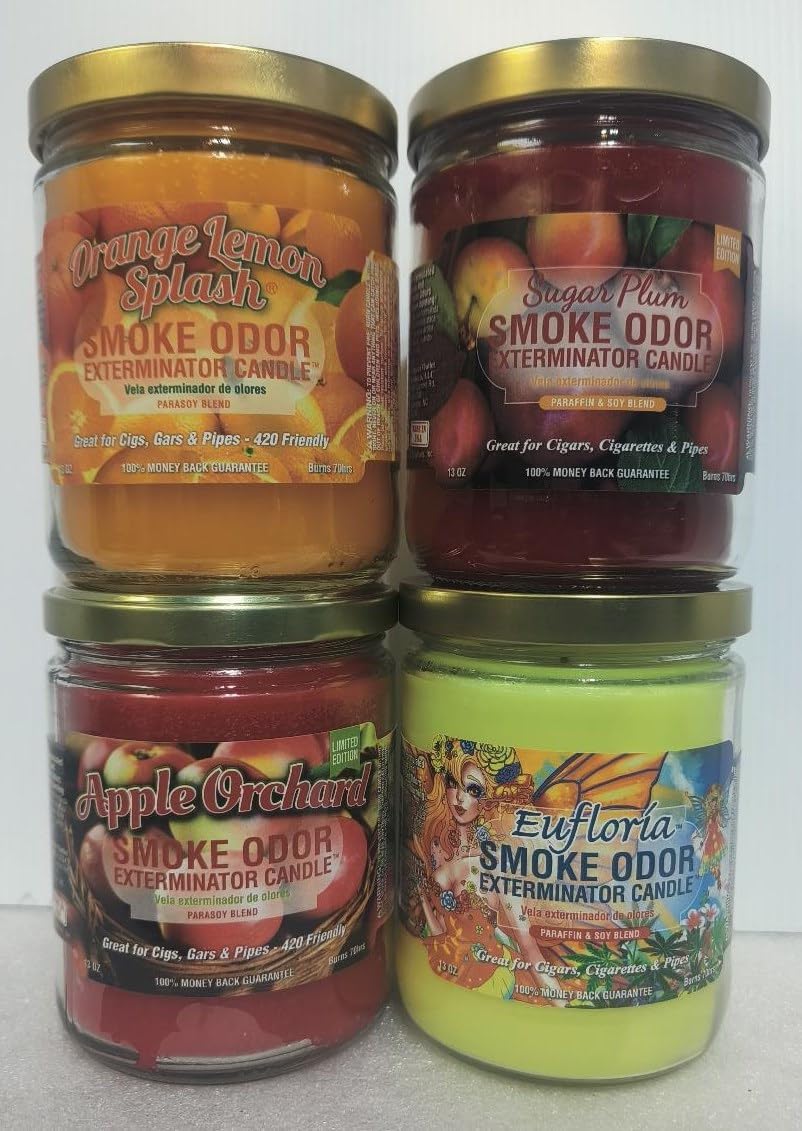 Smoke Odor Exterminator 13 oz Jar Candle, Orange Lemon Splash, Set of 4 Candles Includes Orange Lemon Splash, Sugar Plum, Eufloria & Apple Orchard.