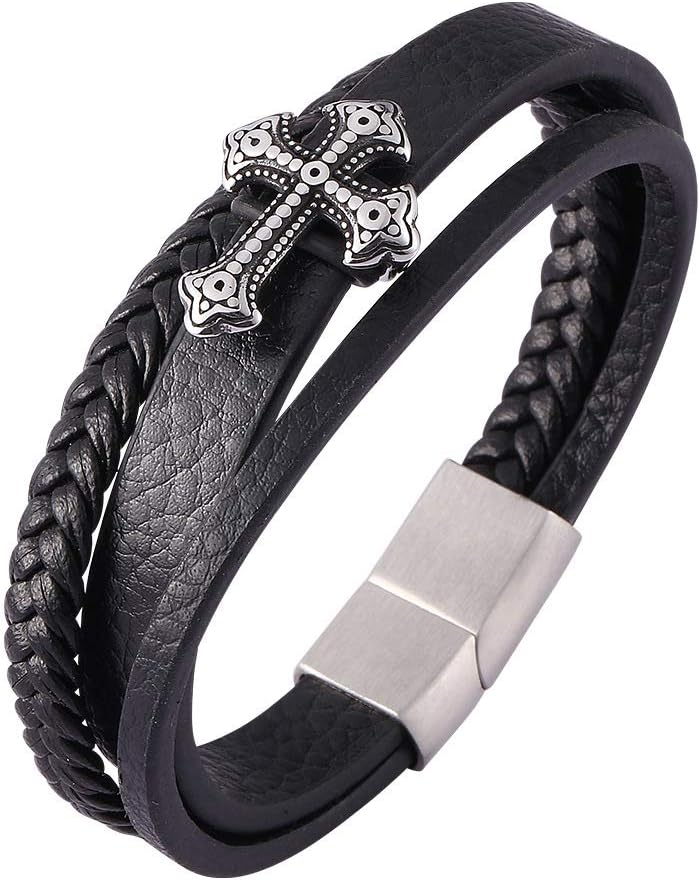 Merlilive Masculine Cross Bracelet Men’s Leather Braided Bracelet with Magnetic Buckle for Men