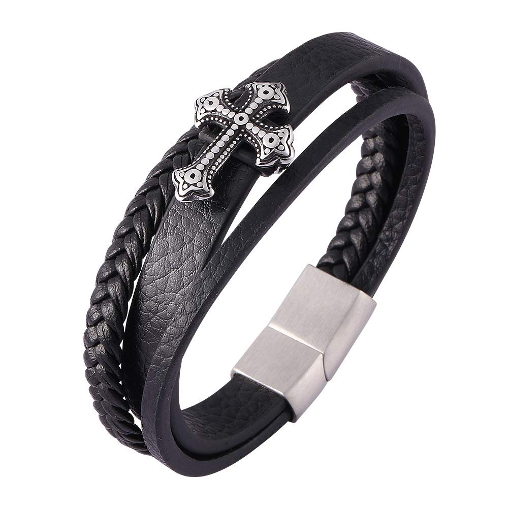 Merlilive Masculine Cross Bracelet Men’s Leather Braided Bracelet with Magnetic Buckle for Men