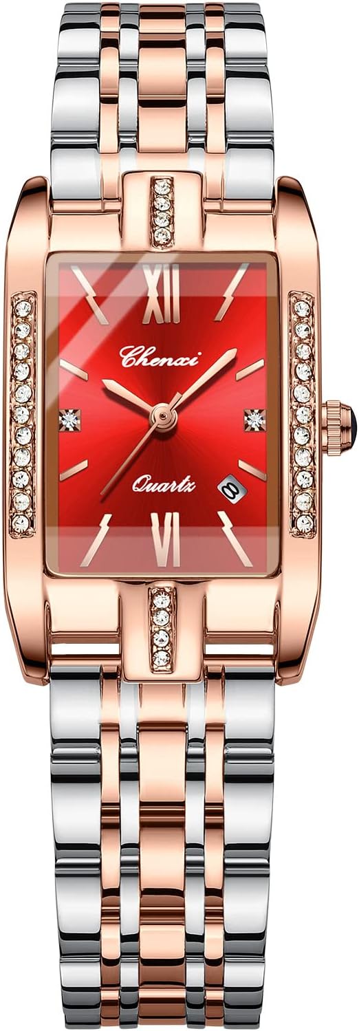 FANMIS Women's Luxury Dress Rhinestone Stainless Steel Waterproof Quartz Date Luminous Casual Watch Silver Green (Rose Gold A) (001)