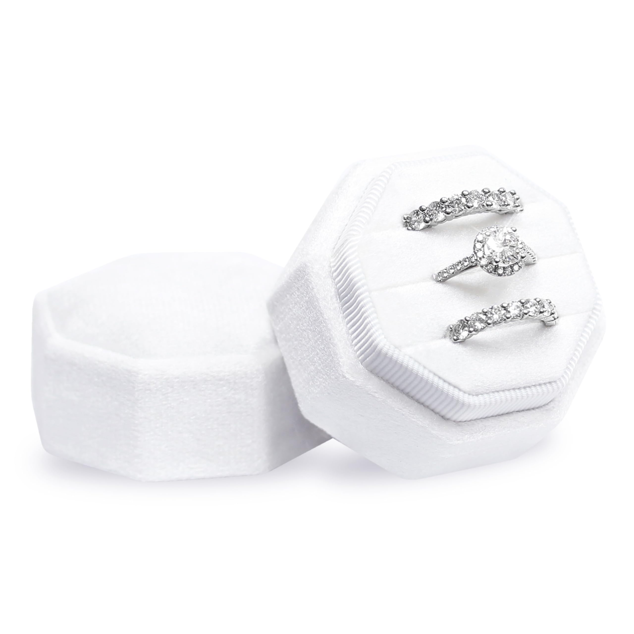 Velvet 3 Slots Jewelry Ring Box Engagement Wedding Box Keepsake Box Bridal Photo Ring Triple Slots Octagon (Pure White)