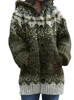 Womens Hooded Knit Cardigan Sweater Button Front Fall Sweaters for Women Cozy Long Sleeve Printed Cardigans 2025