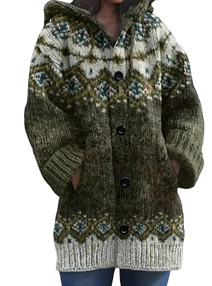 Womens Hooded Knit Cardigan Sweater Button Front Fall Sweaters for Women Cozy Long Sleeve Printed Cardigans 2025