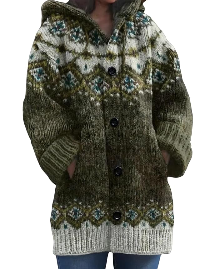 Womens Hooded Knit Cardigan Sweater Button Front Fall Sweaters for Women Cozy Long Sleeve Printed Cardigans 2025