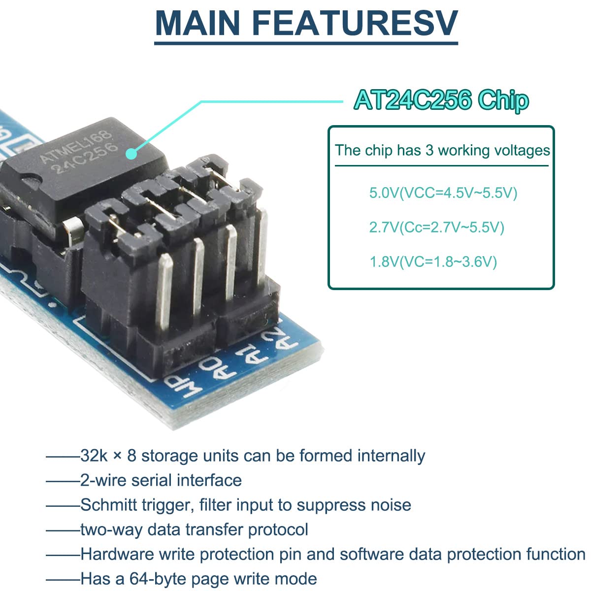 Main features of the AT24C256 chip and module
