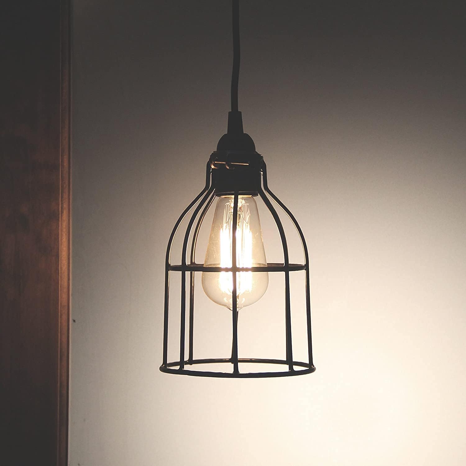 Rustic State Cylinder Metal Wire Hanging Pendant Light Cage, Lamp Shade, Bulb Cover Guard, Ceiling Fan Globe Replacement, Lighting Fixture - Industrial Vintage DIY Project - Set of 2 - Black