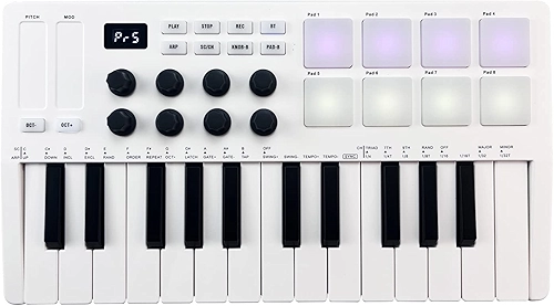 Teclado MIDI de 25 teclas, controlador MIDI portátil com 25 teclas sensíveis à velocidade, 8 pads retroiluminados RGB, 8 botões