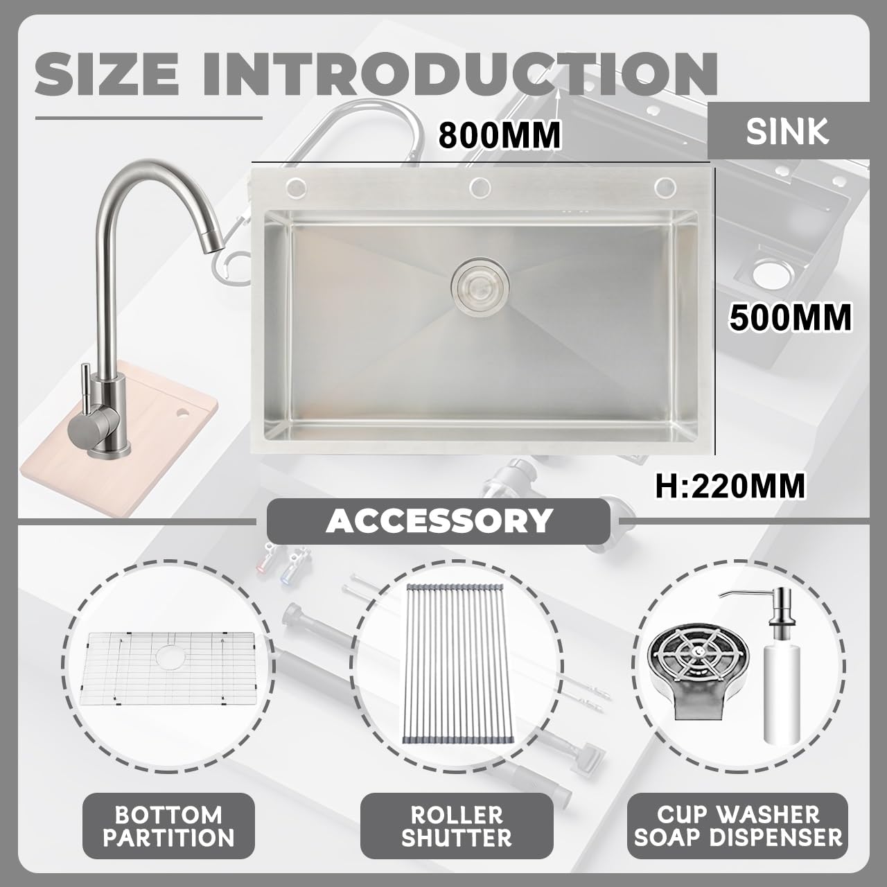 50cm Wide Large Stainless Steel Sink, Square Includes Soap Dispenser And Siphon, Built-in Sink With Tap Hole 1 Bowl, Worktop Built-in Sink With Siphon And Over And Drain(Silver-#B,80x50cm)