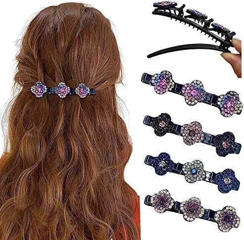 Sparkling Crystal Stone Braided Hair Clips Satin Fabric Hair Bands for Women Girls, 4PCS Rhinestone Hair Clips, Plum Blossom Hair Barrette With Clips, Clover Duckbill Clips, Bling Hair Gems Clips