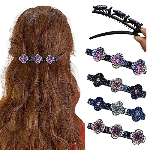 Sparkling Crystal Stone Braided Hair Clips Satin Fabric Hair Bands For Women Girls, 4Pcs Rhinestone Hair Clips, Plum Blossom Hair Barrette With Clips, Clover Duckbill Clips, Bling Hair Gems Clips #TOP2