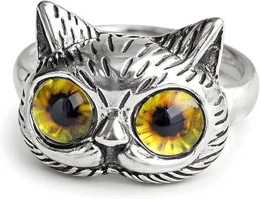 Cat Head Ring with Large Yellow Eyes Silver Animal Face Statement Ring for Women Men