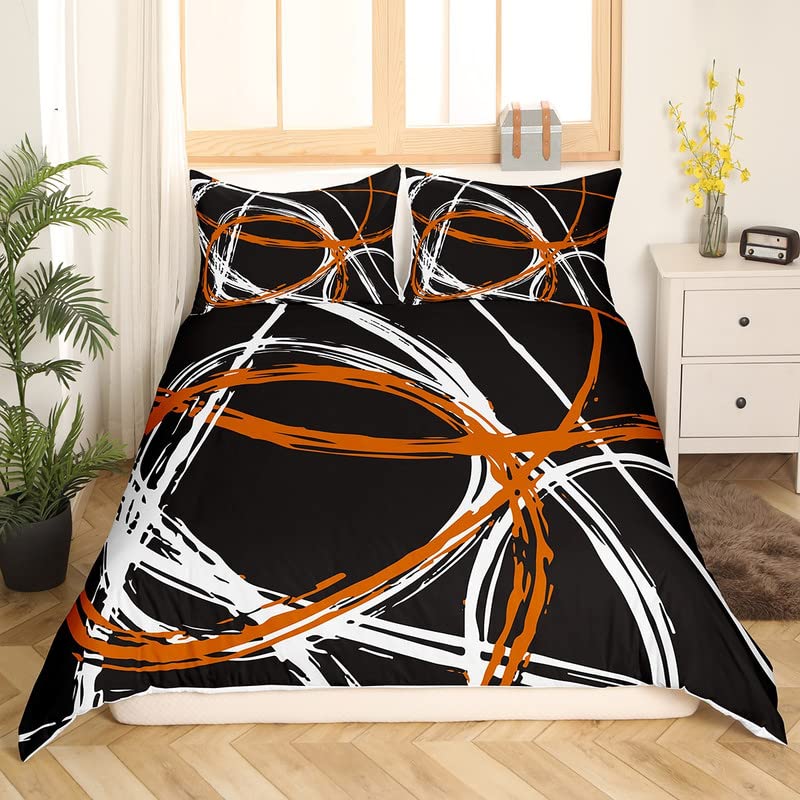 Retro Circle Bedding Duvet Cover Set Single Orange Black White Stripes Bedding Set for Kids Boys Girls Abstract Art Decor Comforter Cover Set Microfiber Bedspread Cover Bedroom Bedclothes - Image 3