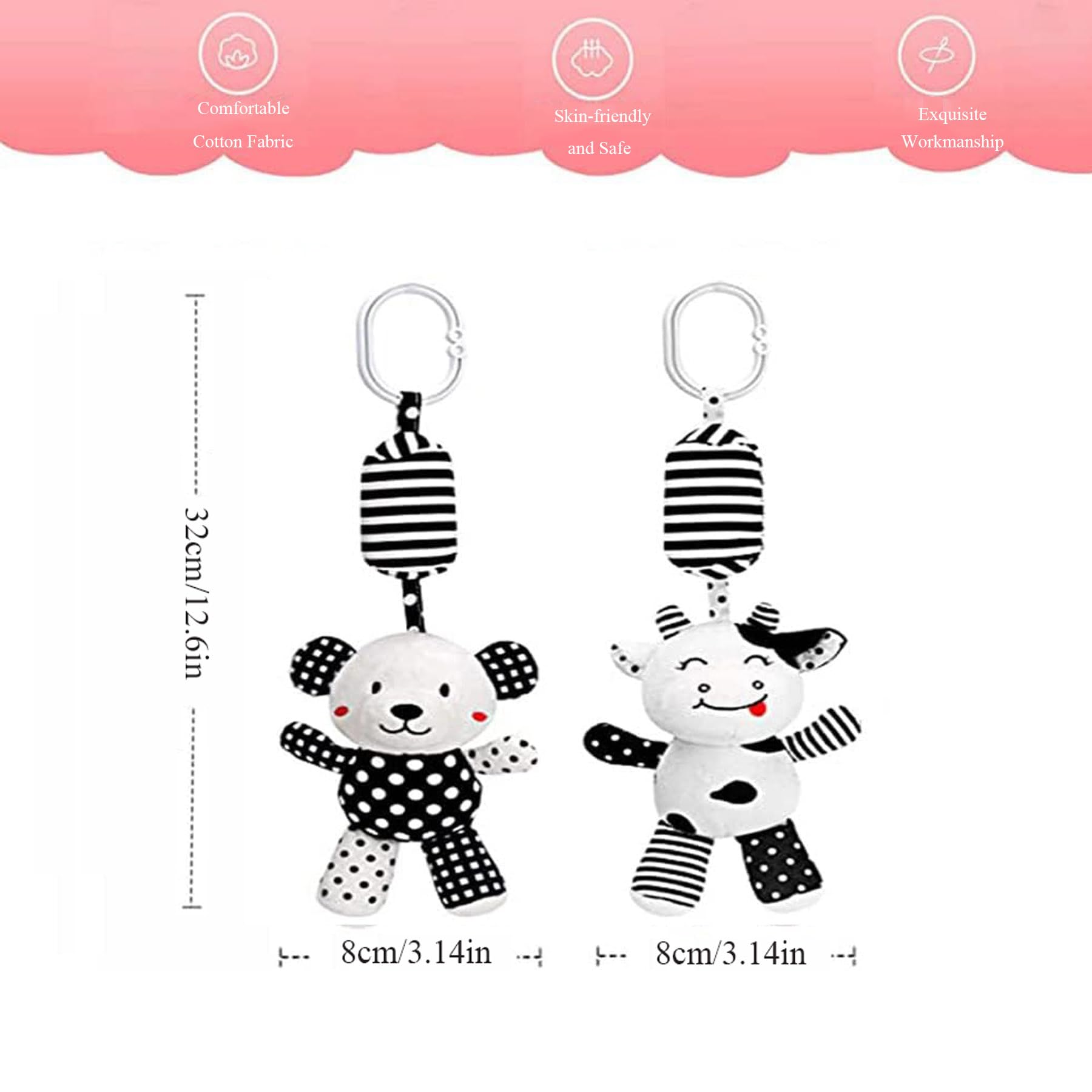 Juguetes de asiento de automóvil para bebé, juguete de cochecito blanco y negro, sonajero colgante para cuna móvil, juguete sensorial para recién nacido para 0 a 12 meses (ternero/panda) 2