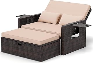 UDPATIO Rattan Lounge Möbel Outdoor,Lounge Balkonmöbel Gartensofa mit Hocker,Rattan Sofa mit Stauraum, Verstellbares 2 Sitzer Garten-Bett für Terrasse,Garten,Braun+Schwarz & Cremefarbene Bezüge